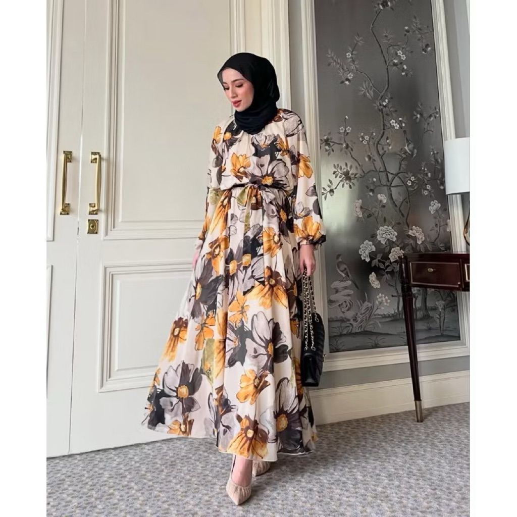 GONEGANI OFFICIAL - Maxi Dress Flowly Motif Bunga Scarlet Bloom Dress (IVORY)