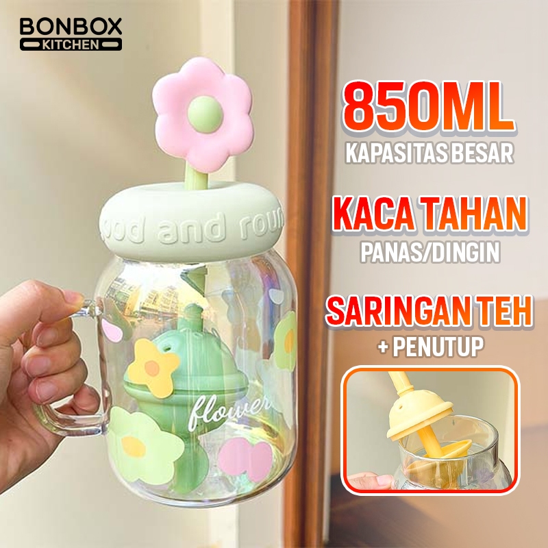 BONBOX Mug Kaca Bunga 850ml dengan Saringan Teh + Sumbat Debu - Mason Jar Aesthetic Flower Handle Bo