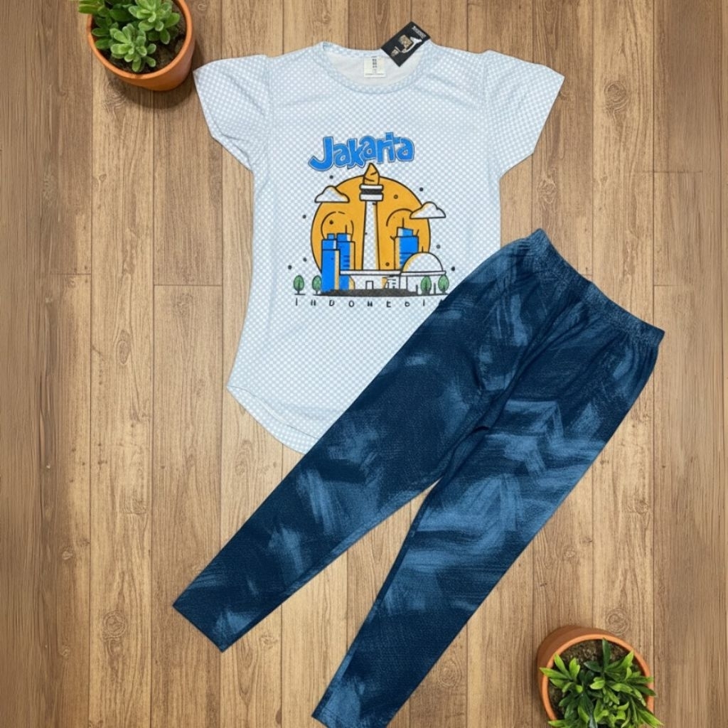 Baju Kaos Setelan Anak Perempuan, Baju Kaos Setelan Anak Bergambar Monas, Setelan Anak celana panjan