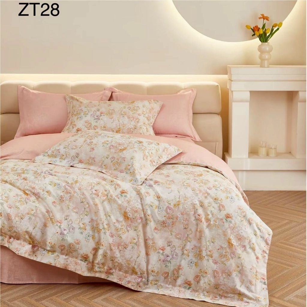 Katun Jepang, Set Sprei Anti Geser dan Bedcover motif Pink Floral
