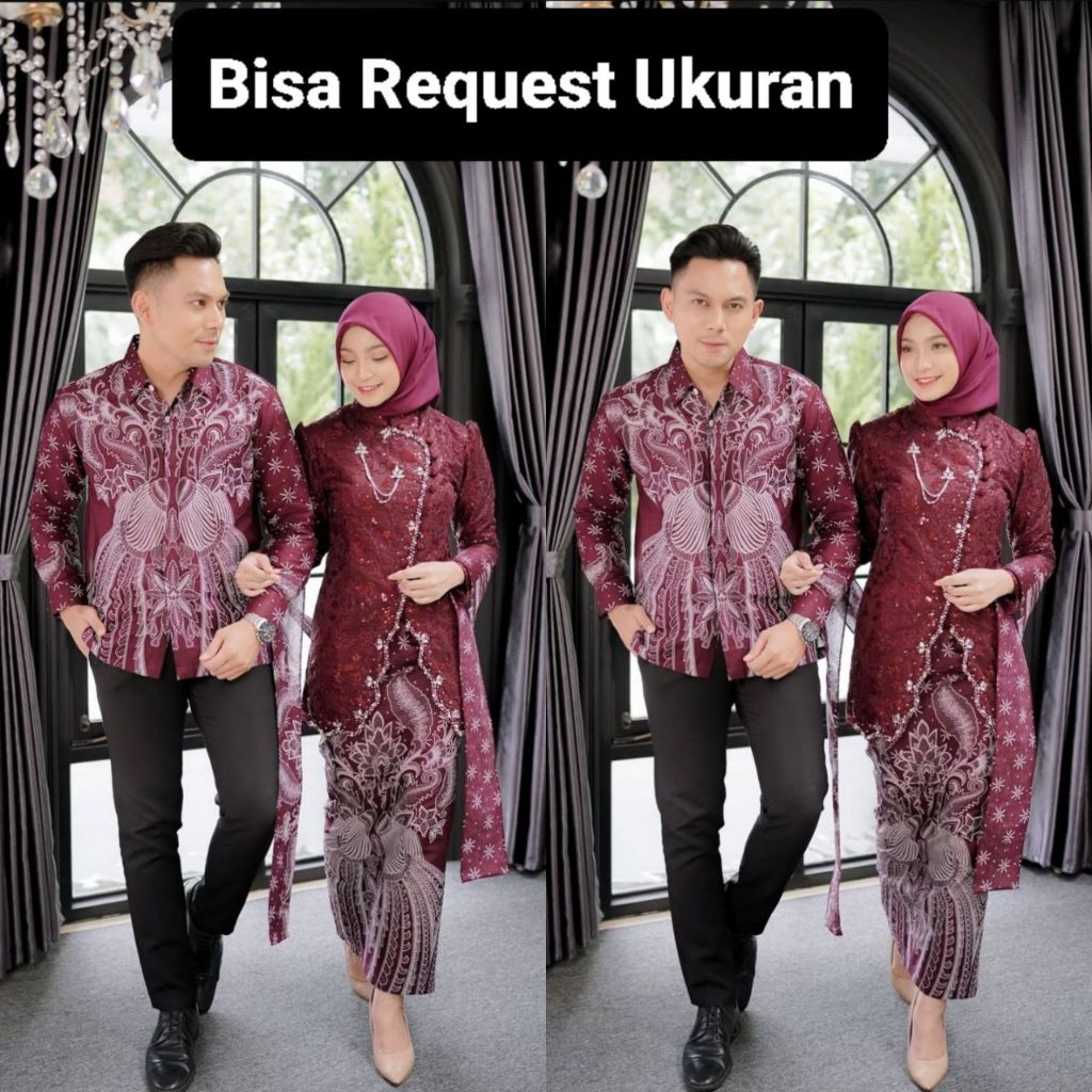 SET KEBAYA JANGGAN BURGUNDY ORI COUPLE KEMEJA BATIK PREMIUM / CUSTOM ANAK & JUMBO / BAJU SETELAN SER