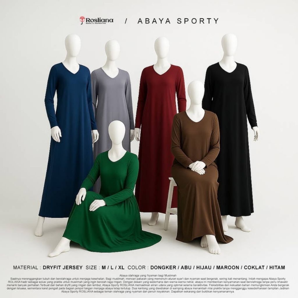Abaya Sporty Rosliana | Gamis Olahraga Muslimah Syar'i Dry Fit Anti Jiplak | Baju Senam / Harian Akh