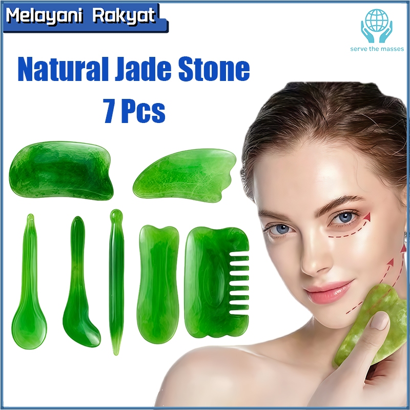 7Pcs Alat Pijat Wajah Gua Sha Gua Sha Board Batu Jade Giok Asli Alami Massage Massager Stone