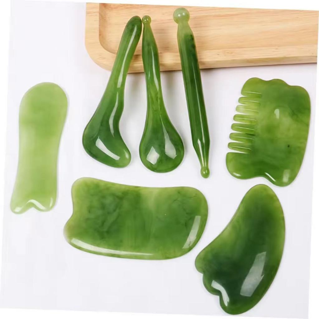 7Pcs Alat Pijat Wajah Gua Sha Gua Sha Board Batu Jade Giok Asli Alami Massage Massager Stone -