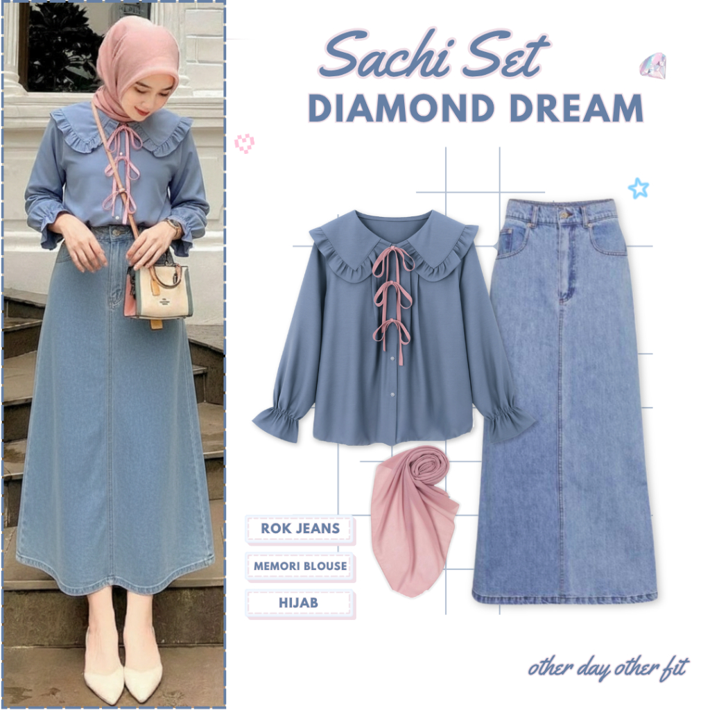 One set Wanita Rok dan Atasan Kekinian || Blouse Korean Style + Rok Jeans + Hijab || Ootd Korean Sty