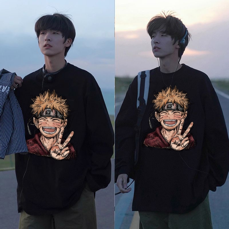 PUERTO Kaos Pria Lengan Panjang Premium naruto Uzumaki Naruto Baju Oversize Pria Retro T-shirt Atasa