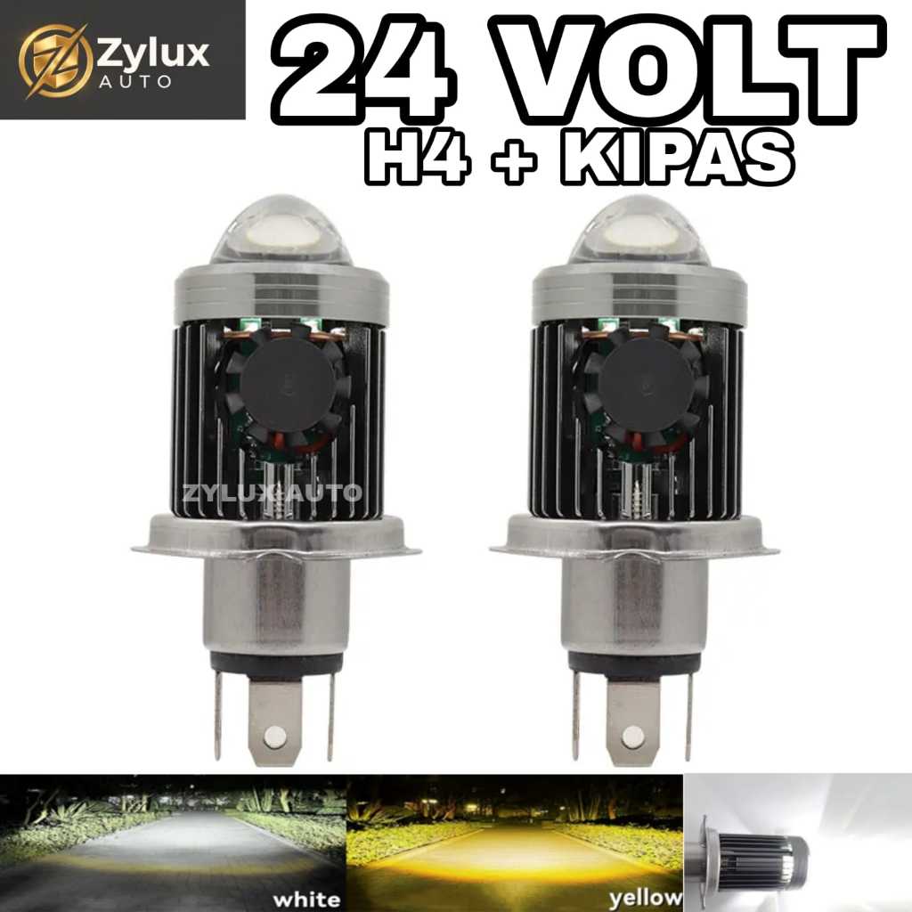 Lampu LED Utama Depan 24 Volt H4 Kipas Pendingin Laser Gun High Low 2 Warna Putih Kuning D3 Truk Bus