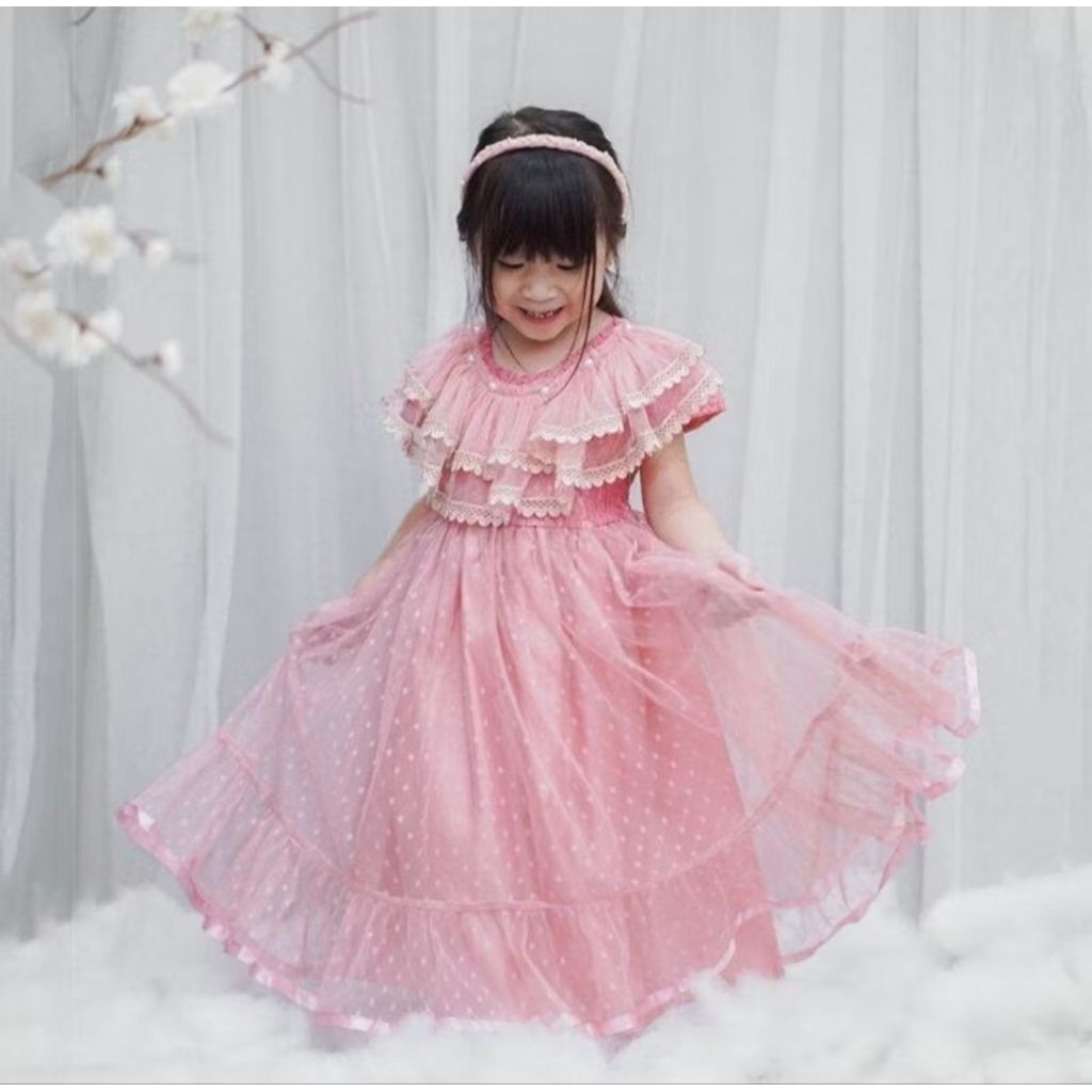 Baju Gaun Anak Perempuan Dress Renda Tingkat Kombinasi Tile Polkadot