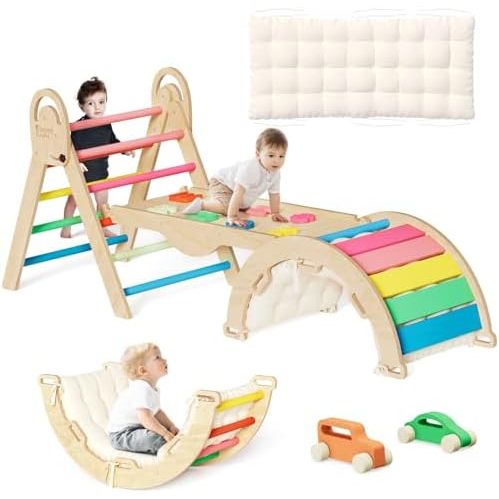 Pikler Triangle Set with Cushion, Montessori Climbing Set, Indoor Climb Toys, Indoor Playground