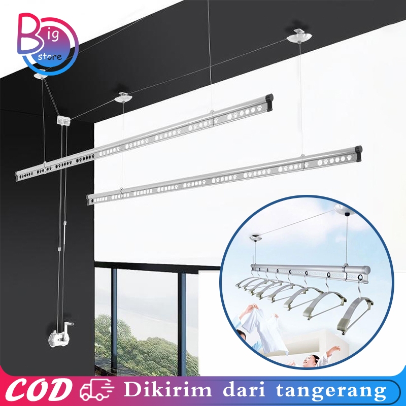 Jemuran Baju Gantung Lifting Rak Pengering Pakaian Dua Kutub Atap Plafon Manual Aluminium Ceiling Dr