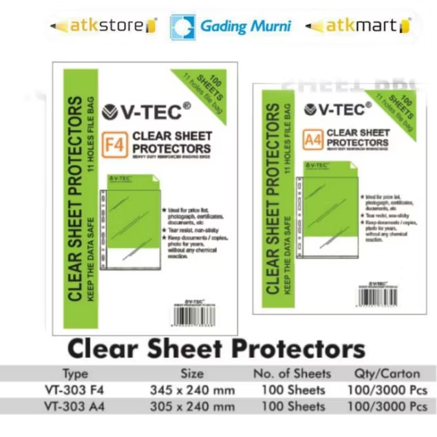 V-Tec Sheet Protector VT-303 A4 F4 1 Pack isi 100 Lembar