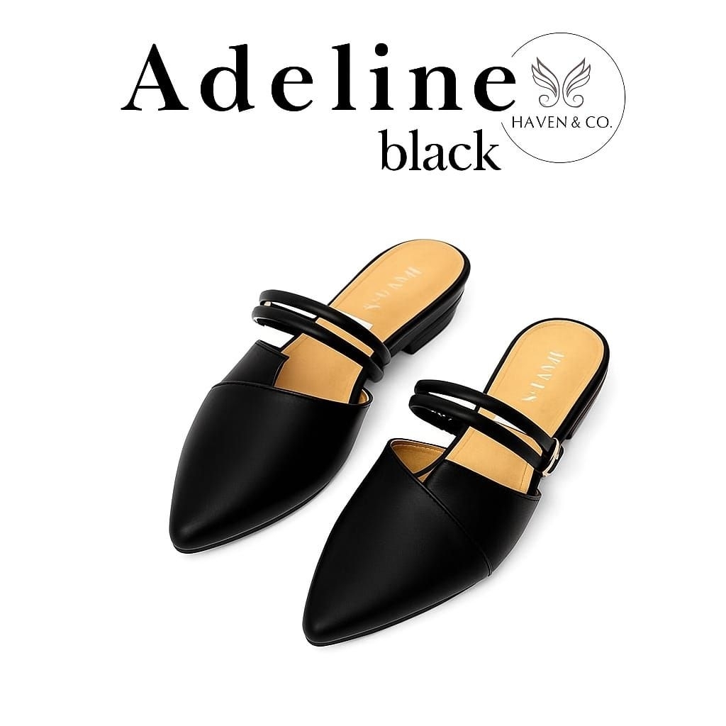 HAVEN Adeline Sandal Wanita Elegan Kekinian-Mules Flat Hak 3cm Warna Hitam Putih Cream