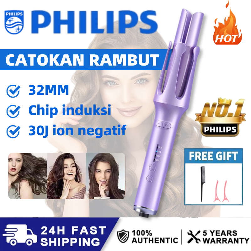 Philips Catokan Curly Otomatis 4 Suhu 32mm Ceramics Curly Catokan Ungu Muda Muda Pemanasan Cepat