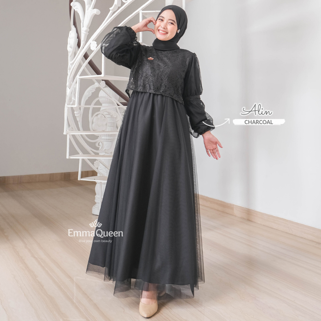 GAMIS MEWAH ELEGAN TERBARU 2025 - Dress Wanita Katun Kombin Tile Brukat XS/XXL Busui Friendly Alin -