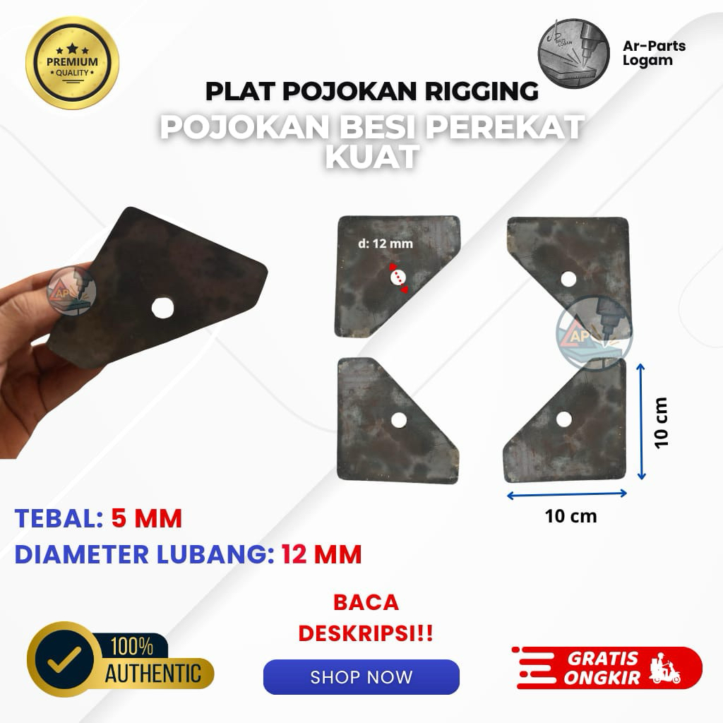 Plat Pojokan Besi Rigging Kuat Tebal 5mm Lubang 12mm – Dudukan Sudut Penopang Rangka Kuat
