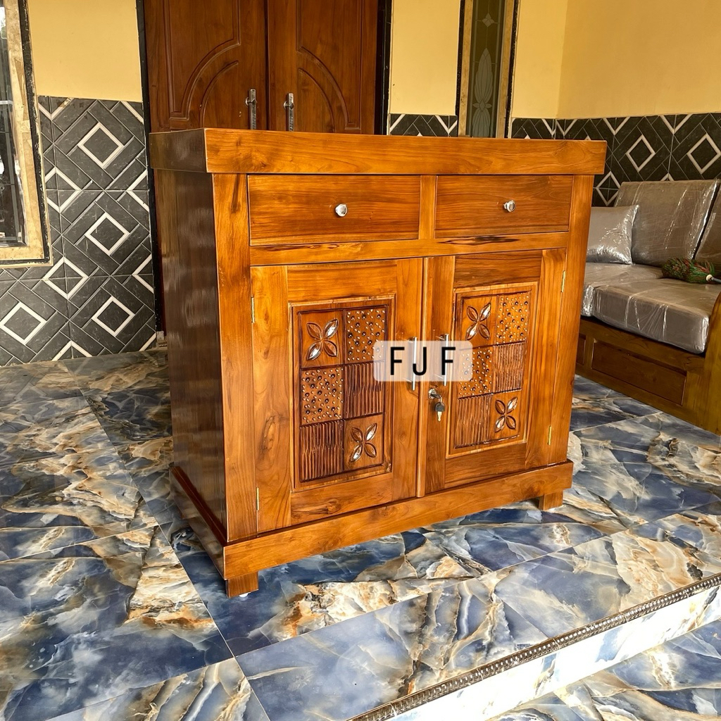 Bufet Pendek Minimalis Kayu Jati Tua