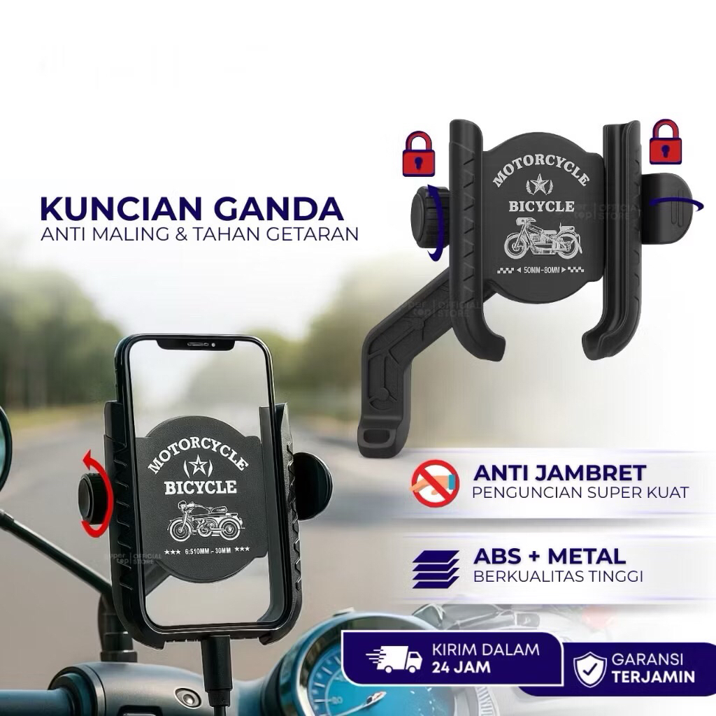 (SUN) HOLDER HP MOTOR SPION VA08 MOTOGRIP DOUBLE LOCK BESI MOBILE PHONE STAND TEMPAT DUDUKAN HANDPHO