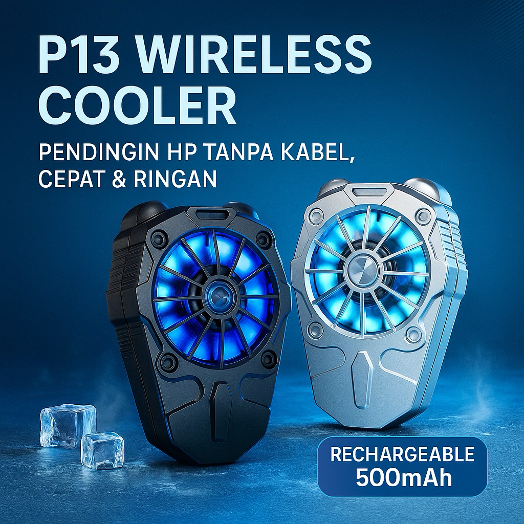 P13 Cooler HP Wireless Recharge – Kipas Pendingin HP Gaming Tanpa Kabel LED Biru 500mAh