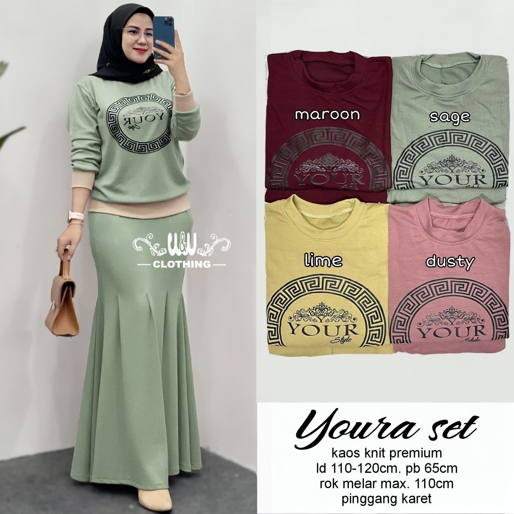Youra Setelan Knit Wanita Setelan Rok Wanita Bahan Knit Setelan Rok Duyung Set Rok mermaid