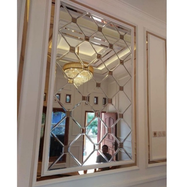 CUSTOM KACA CERMIN BEVEL WALLMOULDING MOTIF DIAMOND ISI CERMIN GOLD