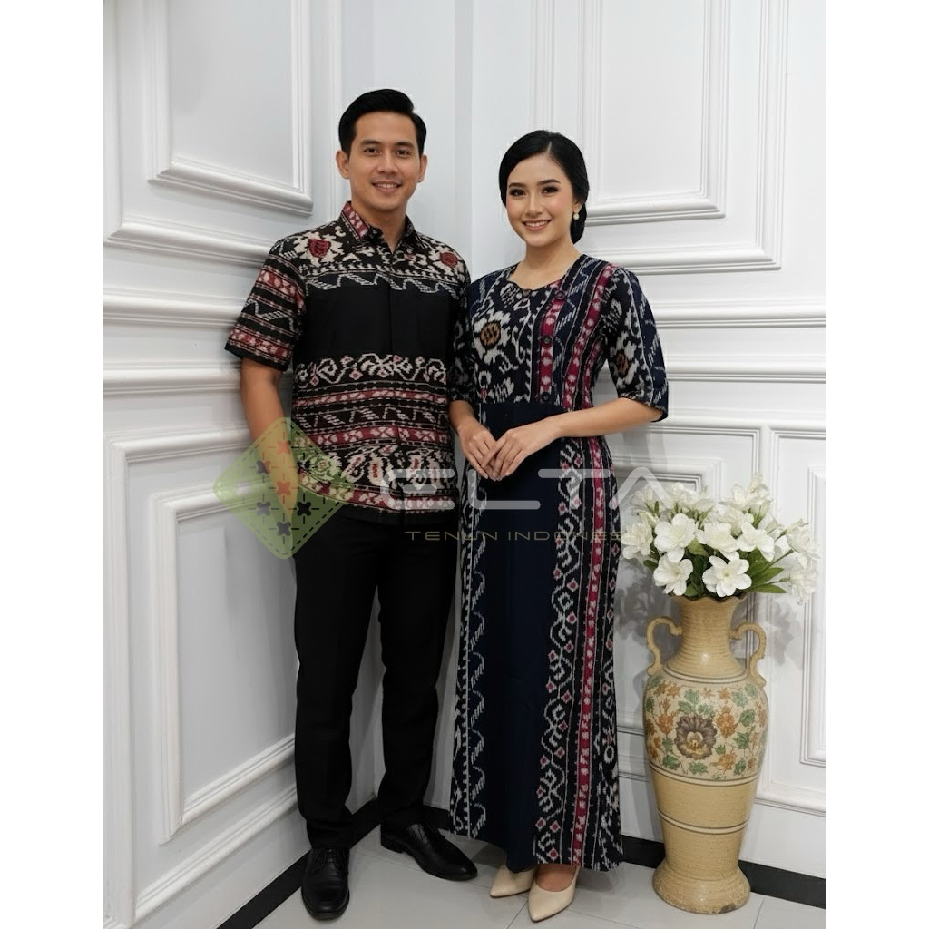 Elta tenun Setelan Couple Tenun Motif NTT | Baju Pasangan Adat Modern Kemeja dan Dress Wanita