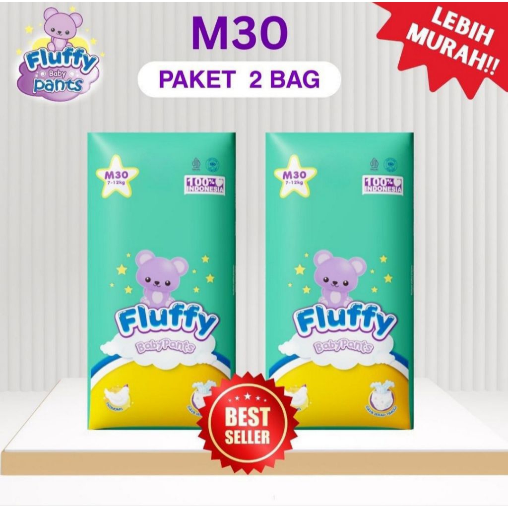 FLUFFY Paket 2Ball M30 Popok Bayi Tipe Celana Sekali Pakai Anti Bakteri Pampers Bayi unisex
