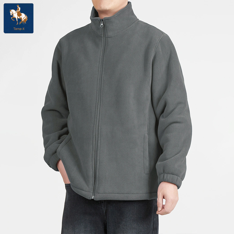 Tamp-X Oversize Jacket Pria Leher Berdiri Lengan Panjang Casual Korean Style Tebal bulu domba Zipper