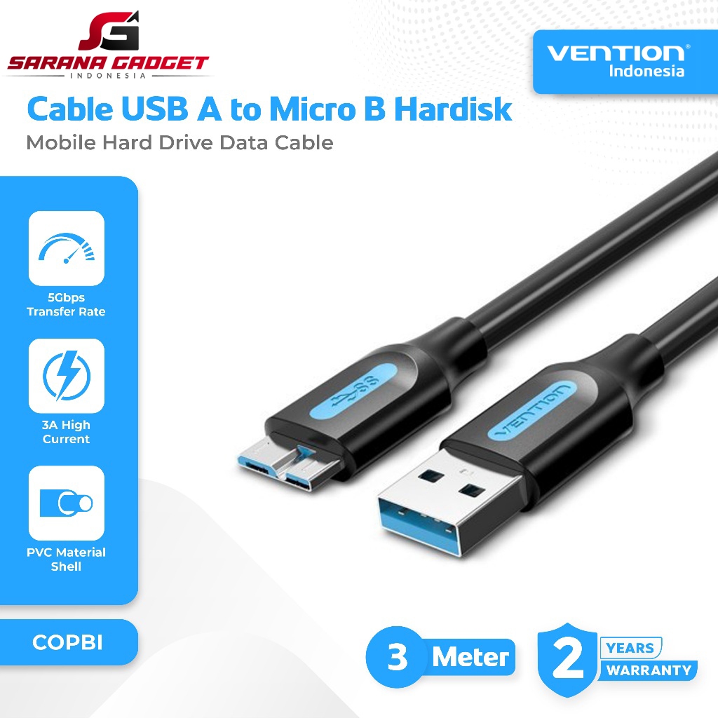 VENTION COPBI Kabel USB A 3.0 Male to USB Micro B 3M 3 Meter Harddisk SSD HDD Hard Disk External Cab