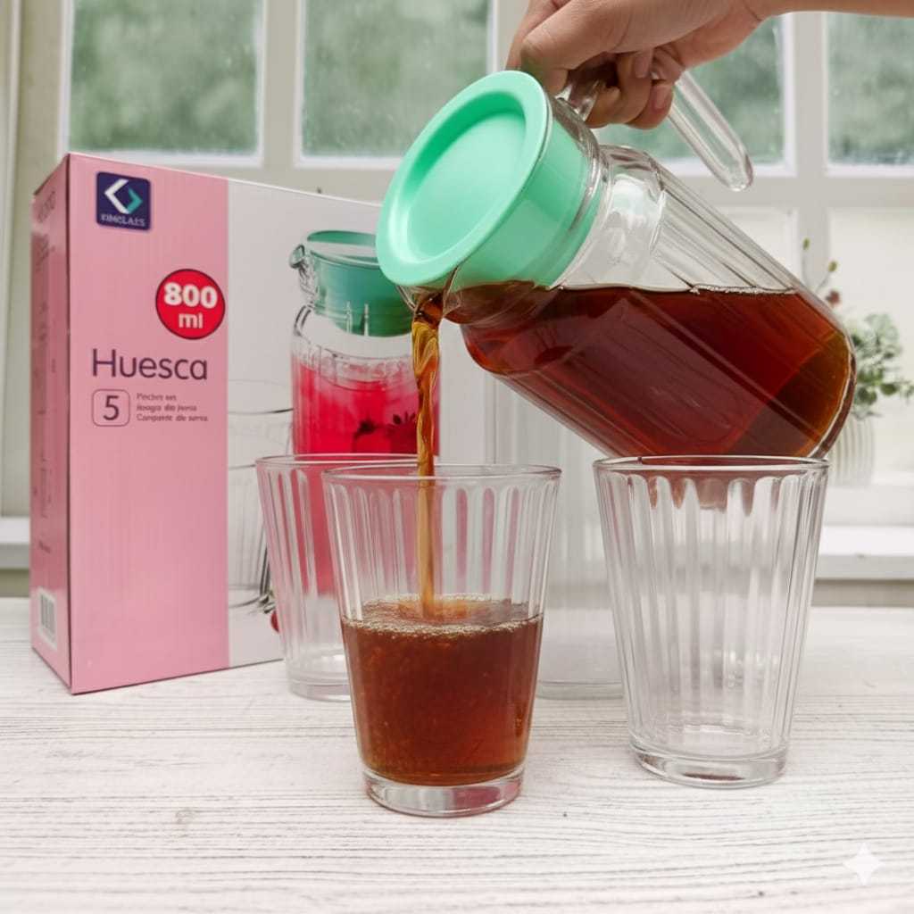 Set Pitcher & Gelas Kaca KimGlass Huesca 800ml 5 Pcs - Teko Air Minum Anti Panas Minimalis Estetik