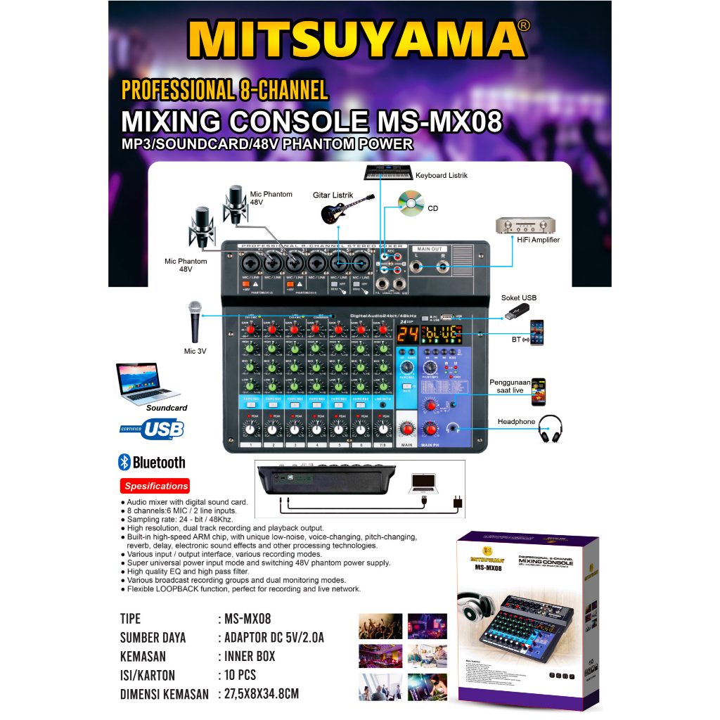 Mixing Console Mixer 8 Channel Phantom Powe 48V MS-MX08