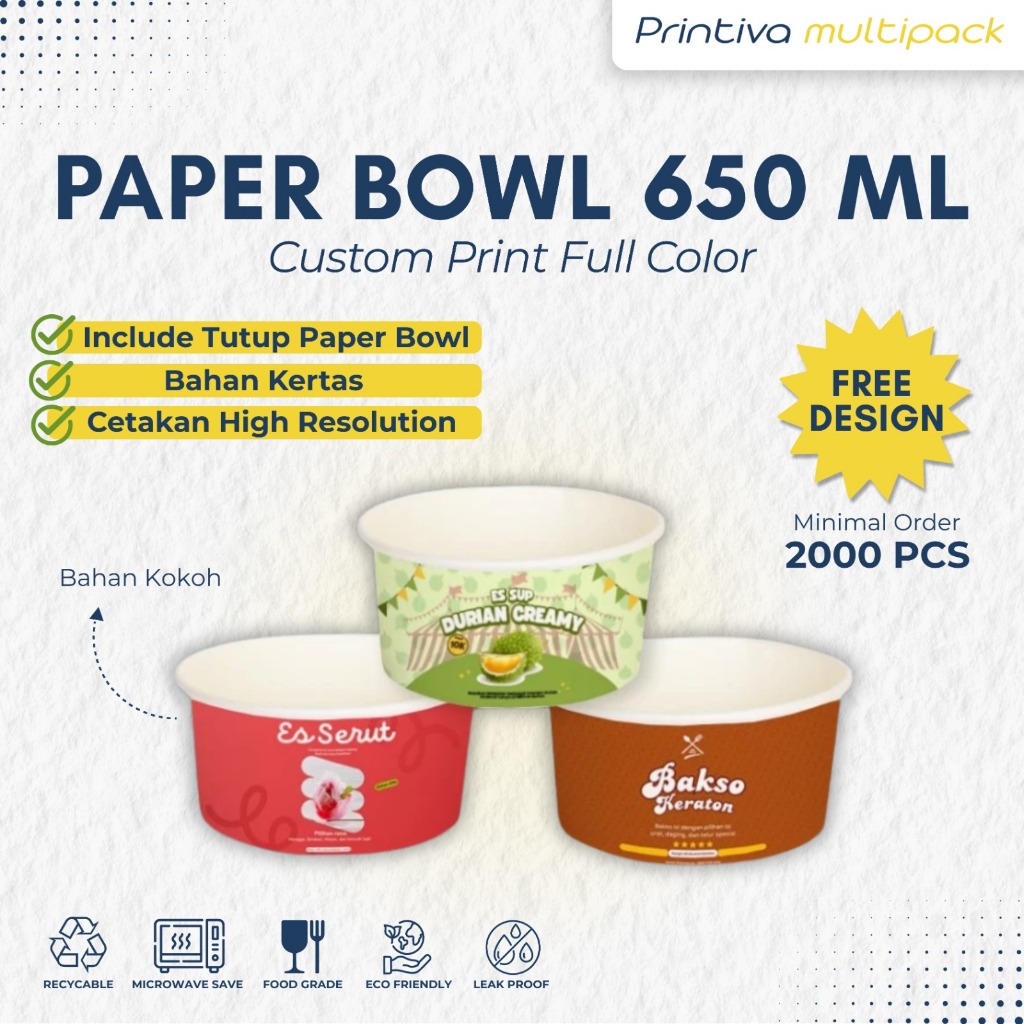 Paper Bowl Custom Cetak Full Print /Mangkok kertas 650ml + Tutup