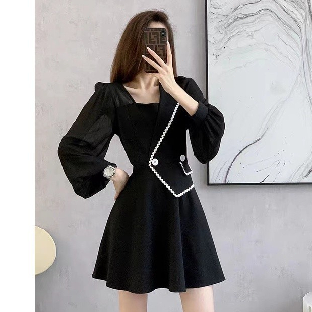 Blazar Dress Hitam Remaja Casual Wanita Midi Selutut Black Dress Patchwork Tidak Simetris