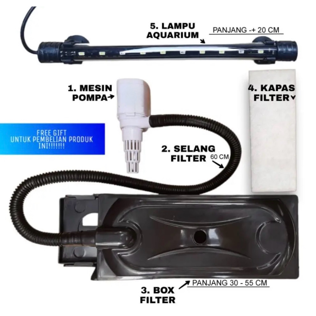 PAKET PERALATAN POMPA CELUP LAMPU FILTER AQUARIUM 40 - 60 CM GRATIS HADIAH MENARIK