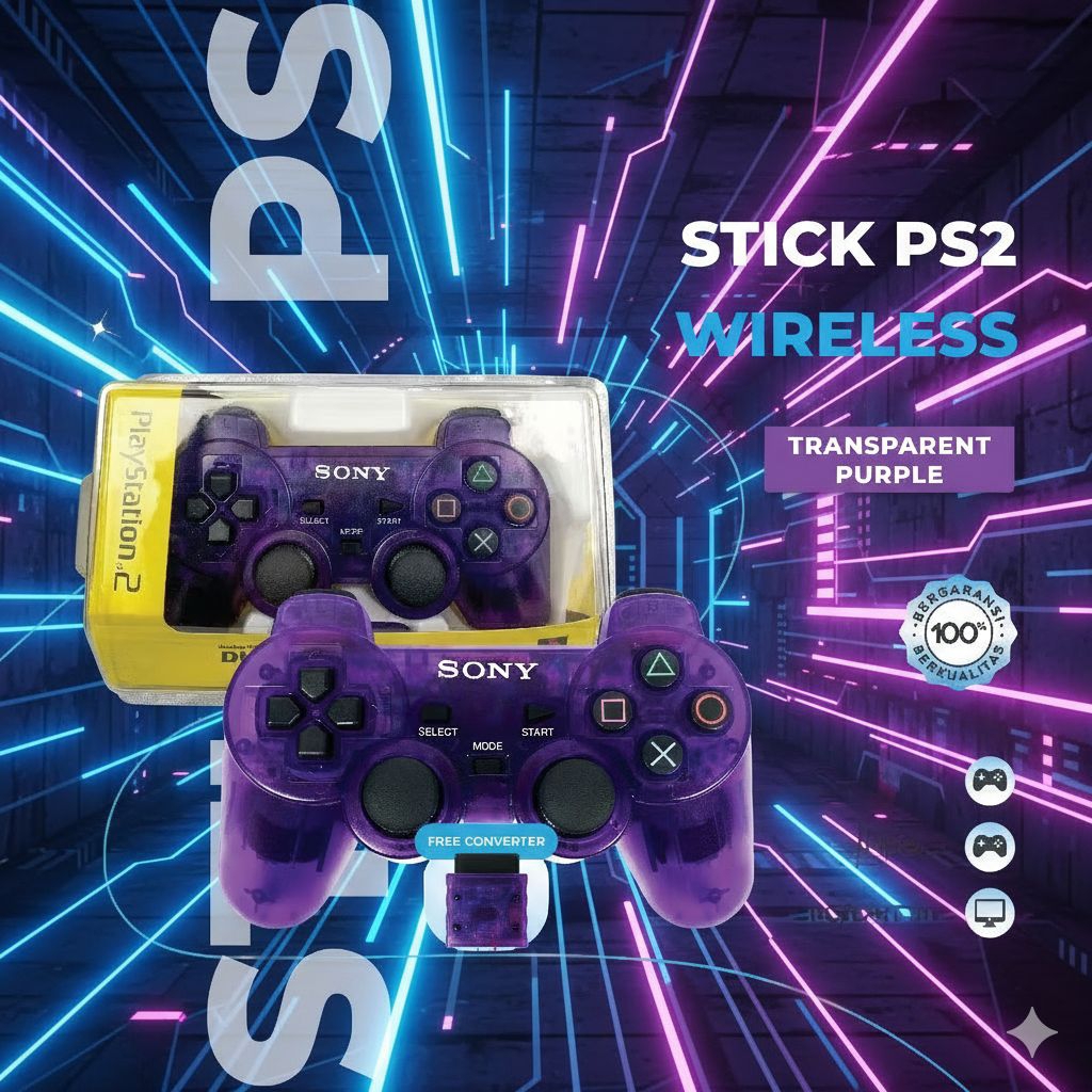 Stik Stick Controller PS2 Wireless Original Pabrik Transparan Puprle