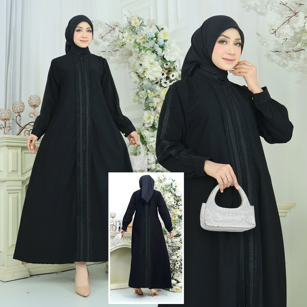 Abaya hitam mewah elegant payet berkilau bahan jet black versi turkey