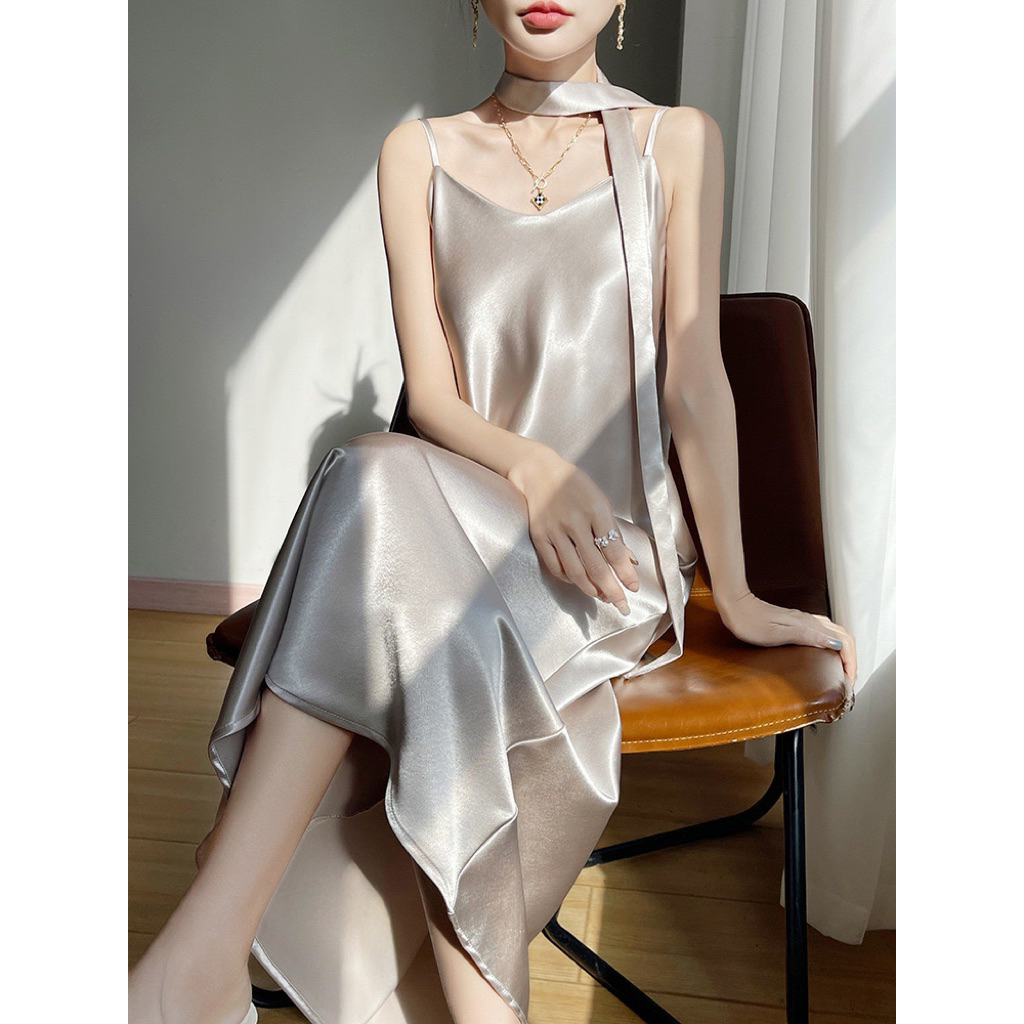 dress satin semata kaki tali leher with scarfs | dress panjang tali leher | dress dinner