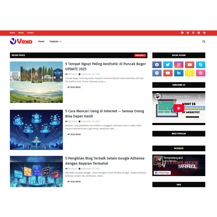 Tema Blogger Blogspot Profesional VEXO | Desain Elegan | Support Adsense