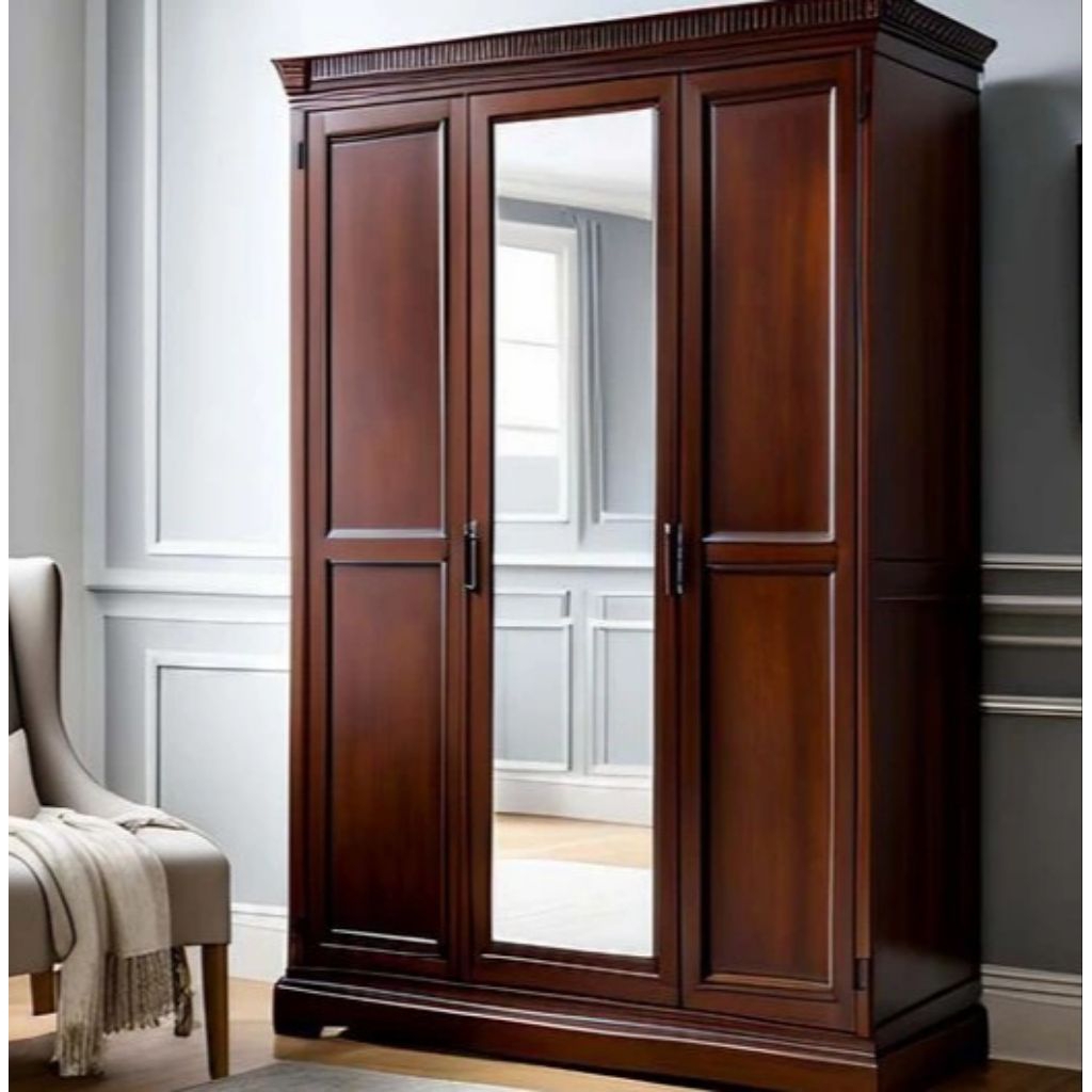 almari pakaian cerimin pintu 3,almari pakaian kayu jati minimalis