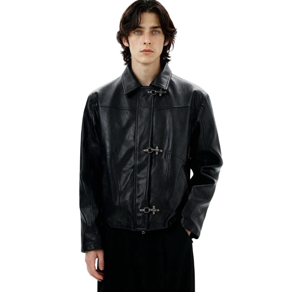 Sai -  Amore Fireman Clasps Buckle Mid-Crop Faux Leather Jacket Clasps Style Work Jackets Boxy Outer