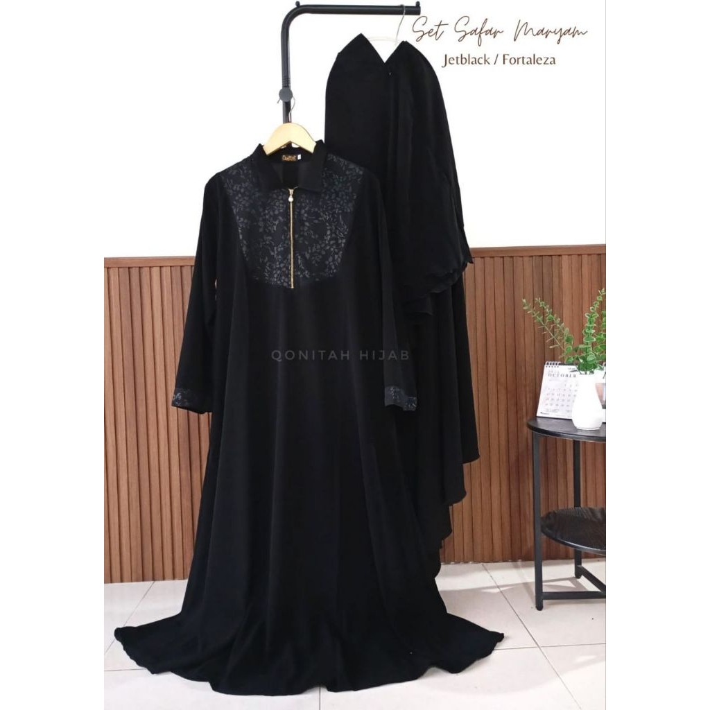 Setelan Safar Maryam Gamis dan Jilbab by Qonitah Hijab Jetblack Jetblack Bonanza Fortaleza Siffon Si