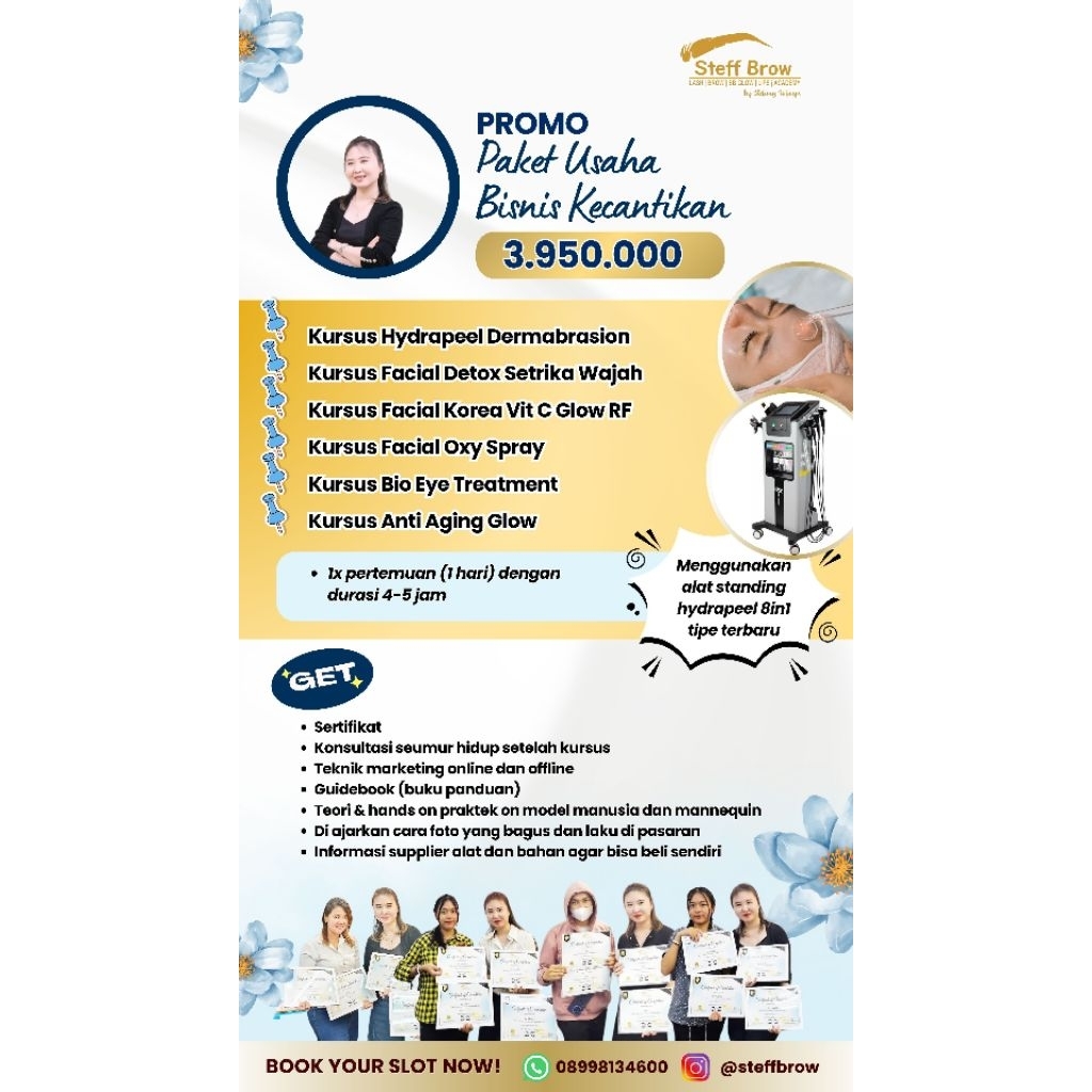 Kursus PAKET 6 materi Facial menggunakan alat hydrapeel 8in1 standing TATAP MUKA by Steff Brow