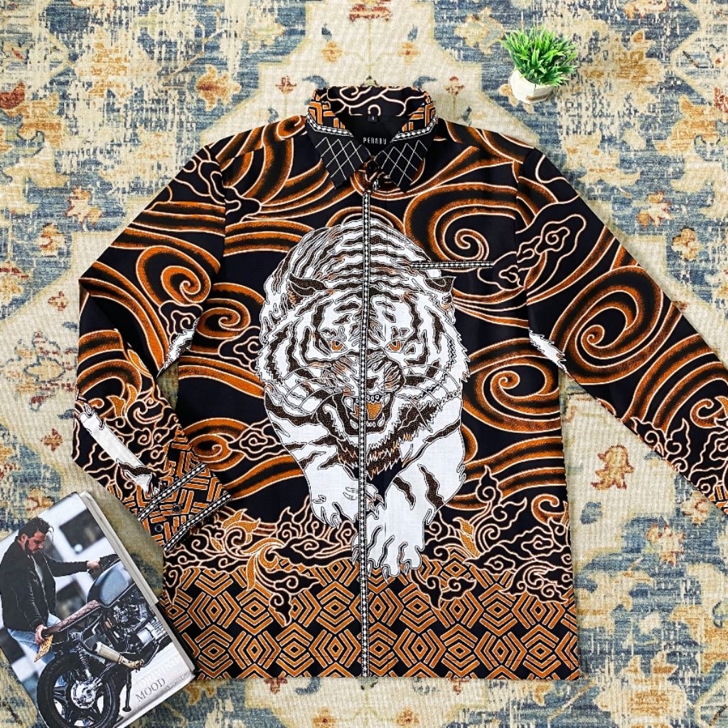 PROMO  Batik Pria Hem Smock Bordir A832 Kemeja Baju Reguler Fit Bahan Katun Motif Harimau Perabu.id