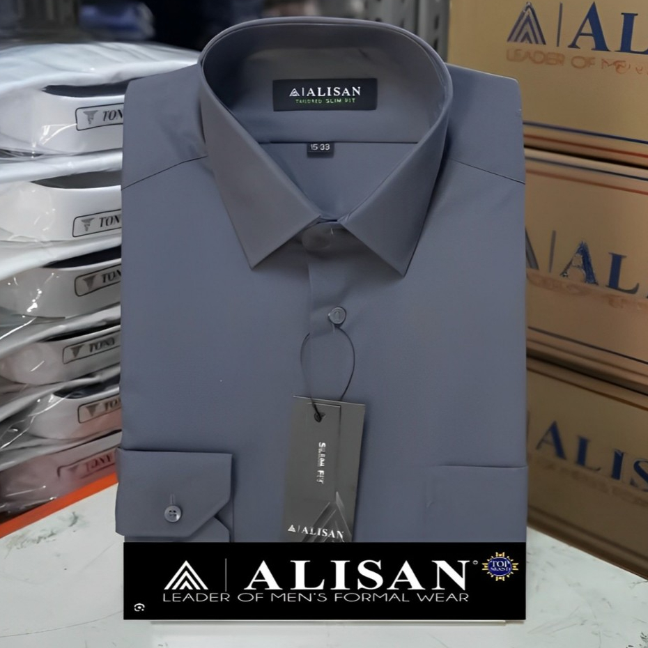 Formal Polos Alisan Kemeja Formal Polos Lengan Panjang Slimfit Kerah Berdasi Pria Warna Abu Tua Alis