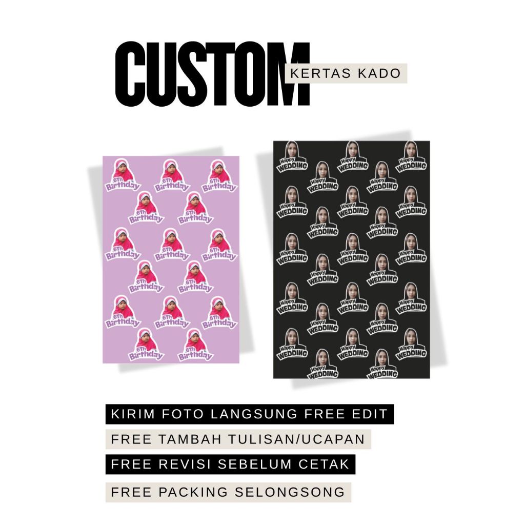 CUSTOM KERTAS KADO WAJAH/TULISAN/BY REQUEST DESAIN 3Ply