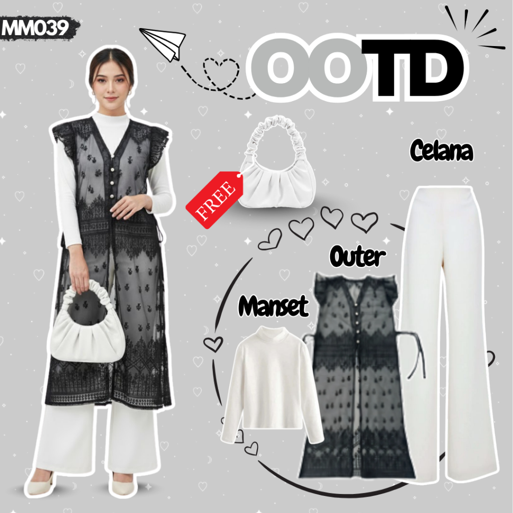 OOTD Kondangan Wanita Kekinian | Outer Brokat Tunik | Manset Putih | Celana Cutbray Putih | MM039