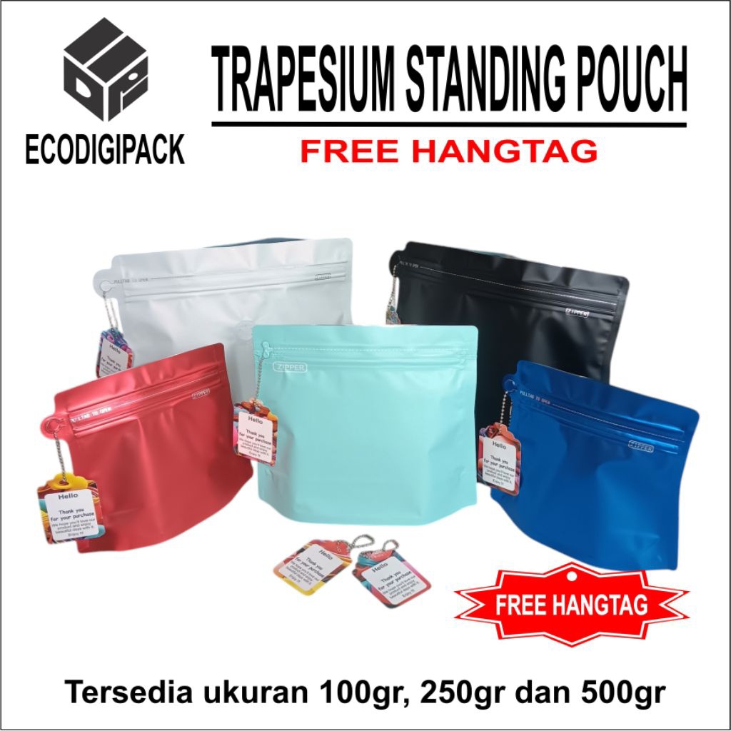 KEMASAN KOPI GRATIS HANGTAG TRAPESIUM STANDING POUCH VALVE PREMIUM GRADE ZIPPER COFFEE BAG THANK CAR