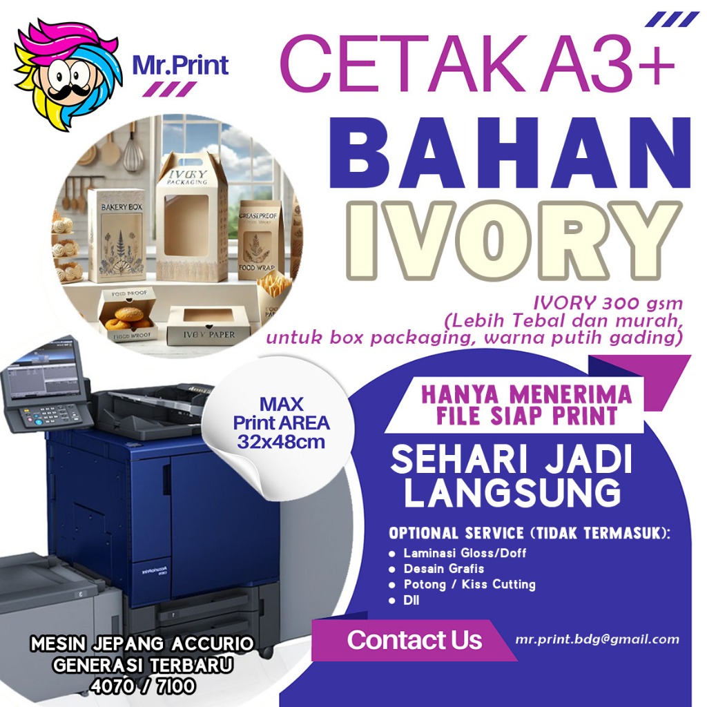 Jasa Digital Print Cetak A3+ kertas IVORY 300 IVORI 300gsm ivory 300g Percetakan Kertas Digital Lase