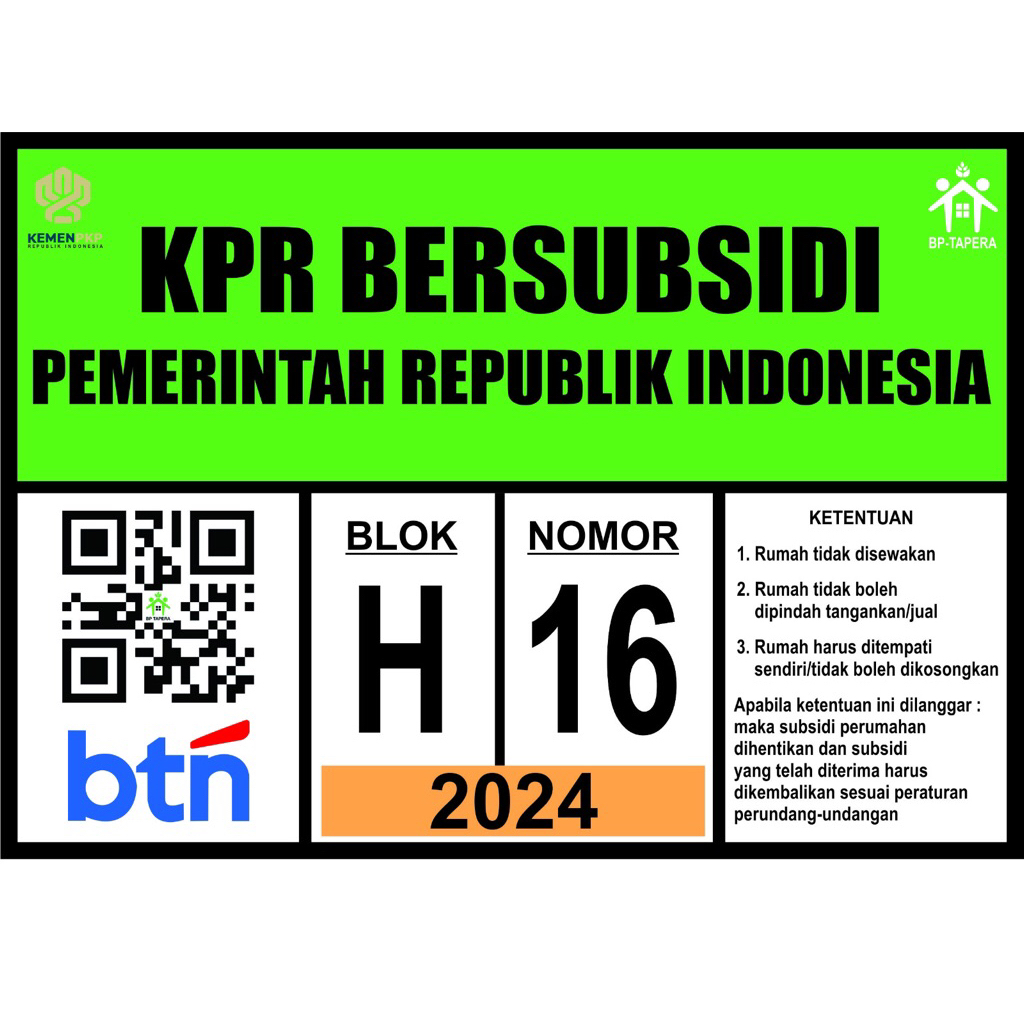 Plat KPR perumahan subsidi akrilik dengan kode QR dan Nomor rumah