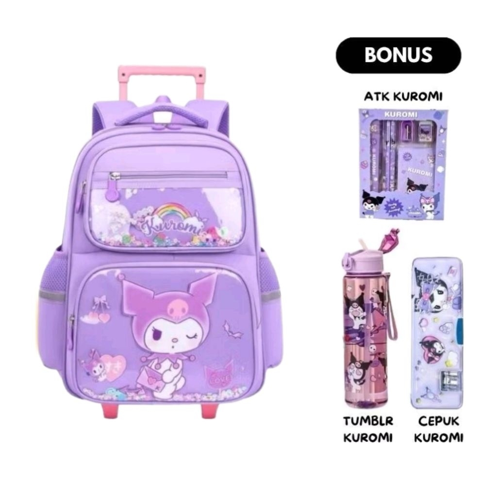 Tas Ransel Troli 4in1 Kuromi Ransel Anak Sekolah Perempuan TK SD SMP Free ATK+Botol Minum+Tempat Pen