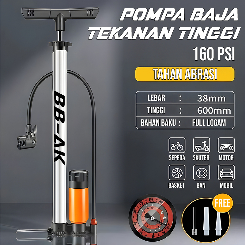 Pompa Angin Ban Tekanan Tinggi 160PSI Tabung Baja Anti Karat dengan Barometer Akurat – Kompresor Ang